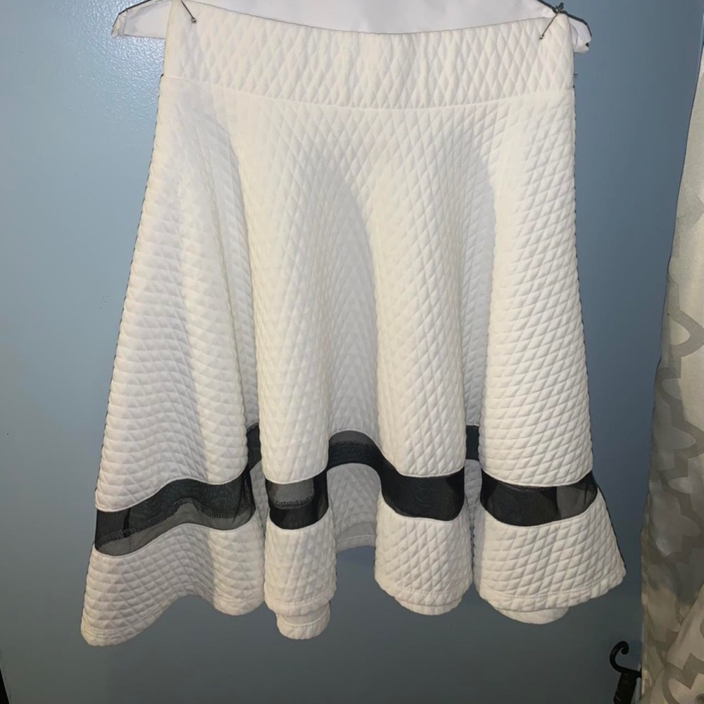 Knee- length white skirt with black mesh lining.